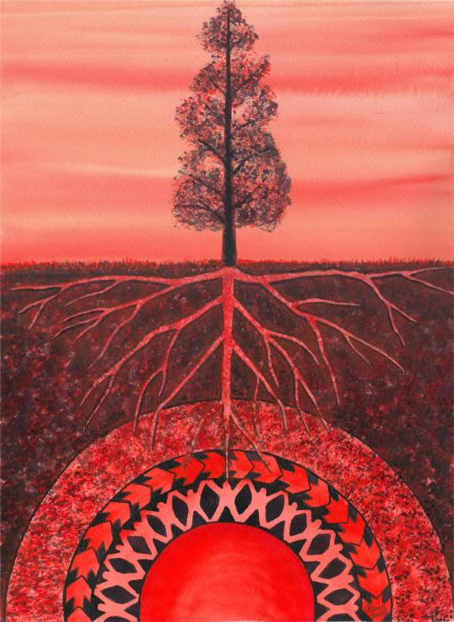 Atmospheric painting of a bare tree with red-toned foliage and visible roots above a glowing pink and red horizon, moody and ceremonial