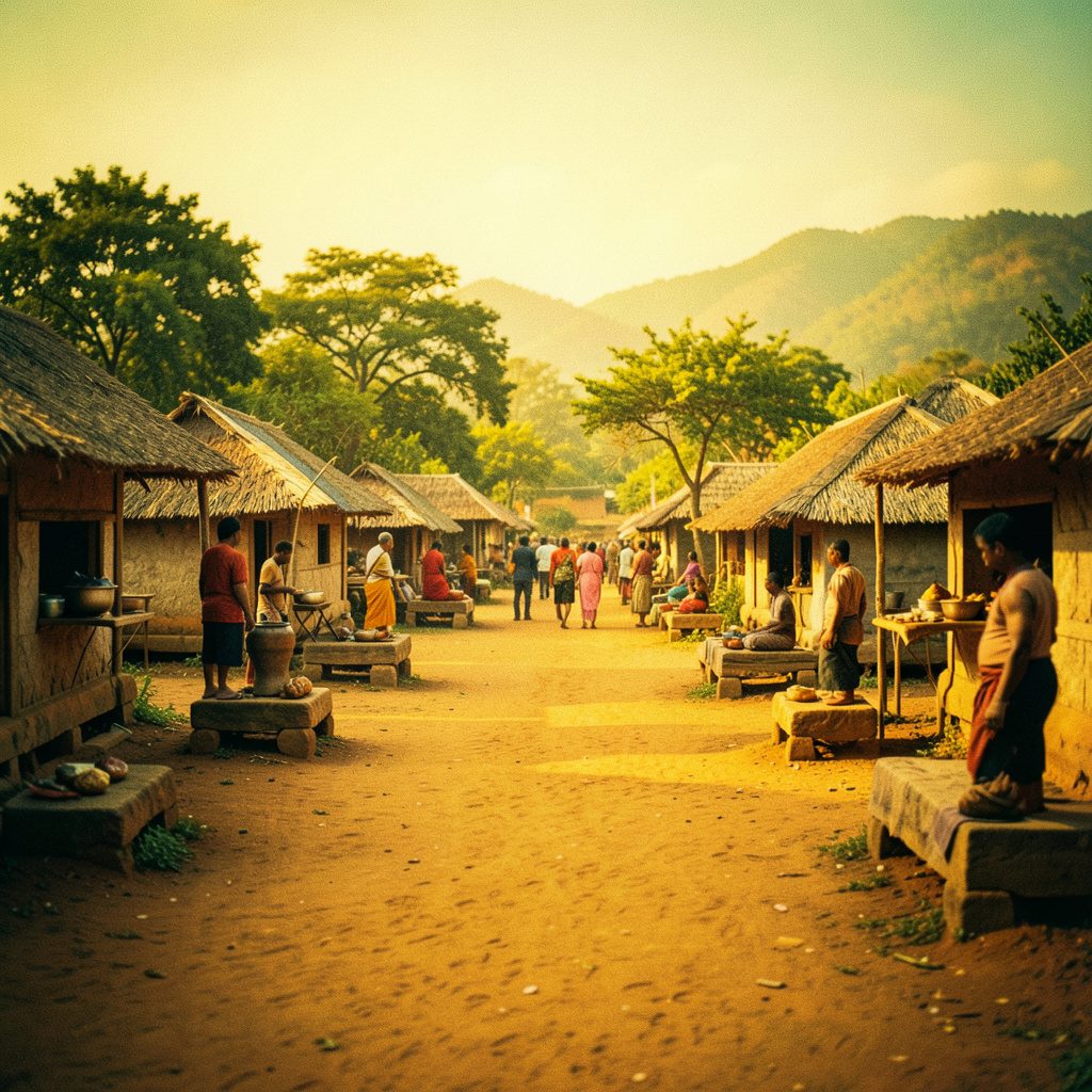 Sacred Spaces Village circular emblem with golden and yellow rays on a dark background, ceremonial and glowing mood